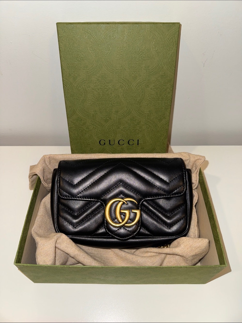 Gucci Black Chevron Leather Crossbody with Gold Double G